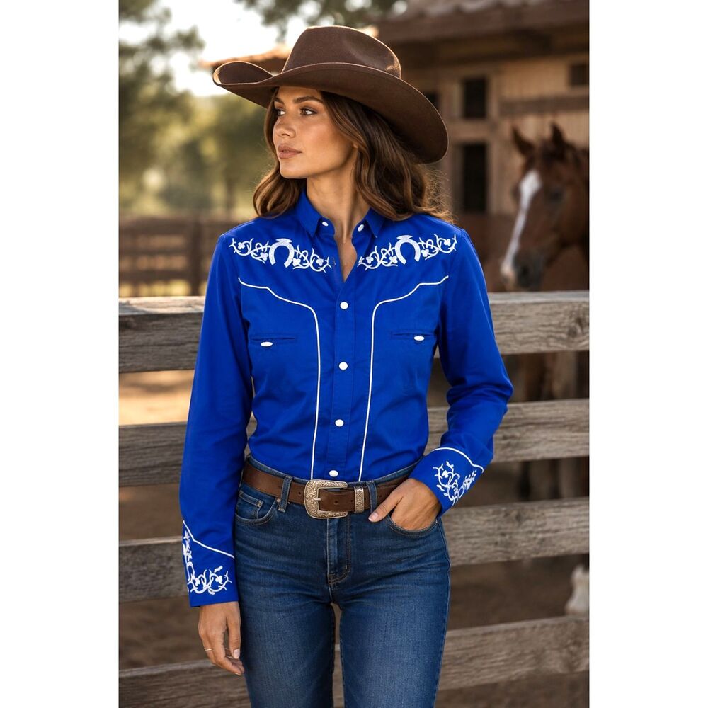 El general western cowgirl shirt embroidered country blue rodeo casual women S